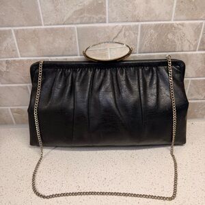 Vintage Mardane Chic Black Leather Clutch with Chain Strap and Mirror